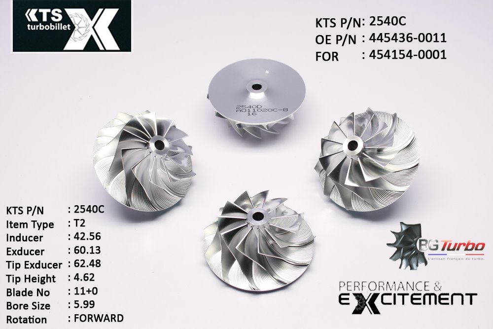 Turbo ROUE FORGÉE MFS PERFORMANCE - 11+0 PALES - INDUCER : 42,56 - EXDUCER : 60,13 - TYPE : T2ANGLE : 60° - ROTATION : Forward - SUPER BACK : 2,3 - BORE SIZE : 5,99
